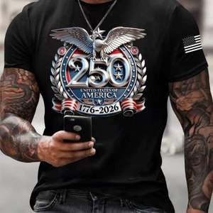 T-shirt Uomo Personalizzata OEM 250° Anniversario Giorno dell'Indipendenza USA Patriottico 4 Luglio Taglie Forti in Maglia Solida 1776 2026 Aquila - Product Image 1