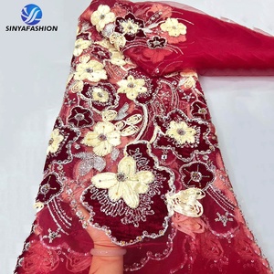 Tela <span class=keywords><strong>de</strong></span> encaje <span class=keywords><strong>de</strong></span> tul con bordado floral 3D Sinya, lentejuelas, cuentas, terciopelo, encaje africano Aso Ebi para vestido <span class=keywords><strong>de</strong></span> noche o boda. - Product Image 1