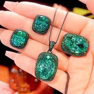 Fashion Jewelry Eco-friendly Copper Black Gold Plated 13*18MM Paraiba <b>Emerald</b> Green Zircon Pendant Necklace Earrings Set - Product Image 3