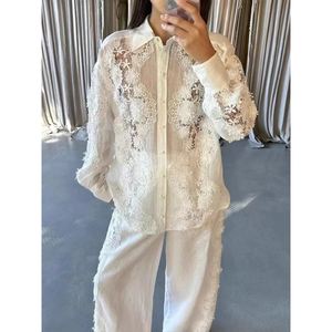 Heavy Work <b>Lace</b> Long Sleeve Shirt <b>Elastic</b> High Waist Pants Women's 2 Set Fashion - Product Image 4