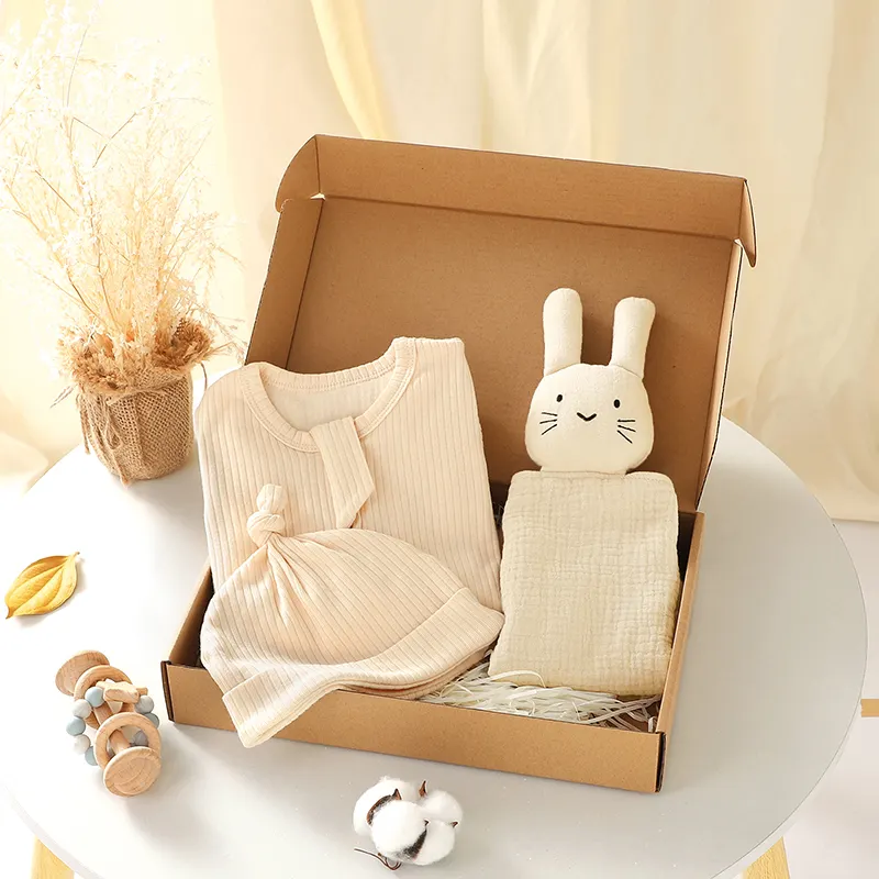 RTS coffret cadeau pour nouveau-né 3PCS grenouillère pour bébé bonnet noué layette pour bébé avec boîte