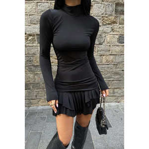 Robe trapèze noire à manches longues pour femmes de bureau, élégante, florale, unie, luxueuse, col carré, du XS au 6XL, pour clubs, journées décontractées, printemps - Product Image 2