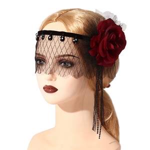 Hstyle <b>Black</b> Elegant Lace Veil Headdress Headband with <b>Rose</b> Party Half Face Death Costume Veil Sexy Eye Veil for Halloween Party - Product Image 2