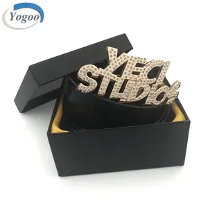 Criativo de ouro personalizado marca nome próprio design letra logotipo strass cinto de metal fivela para homens