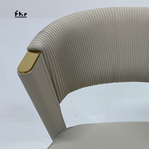 Modern Beige PU Leather Dining <b>Chair</b> Vertical Ribbed <b>Back</b> Gold Accent Upholstered for Restaurant Hotel - Product Image 4