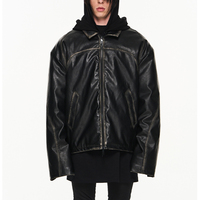 Veste en cuir PU noire cirée vintage pour homme, style streetwear, coupe oversize, avec coutures contrastées et fentes apparentes