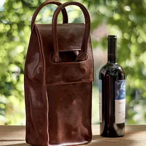 Bolsa de cuero para 2 botellas, porta botellas de vino y whisky, bolsa de regalo Hygge, con asas y divisores en el interior