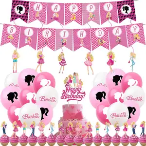 Original Happy Birthday Pink Flag Banner Latex Balloon Cake Toppers Set For Bar-bie Theme Birthday Party Decorations