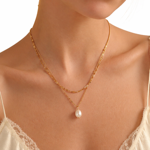 Colliers vintage à <span class=keywords><strong>double</strong></span> couche en acier inoxydable plaqué PVD 18K, chaînes multi-liens, perles d'eau douce naturelles de haute qualité, style baroque - Product Image 3