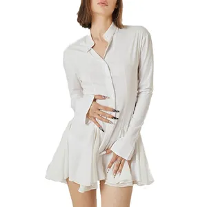 Simple Style White And Black sexy dress with buttons long sleeve mini sexy dress o-neck shirt dress