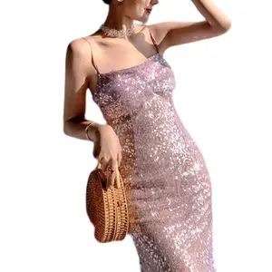 Платье с блестками от производителя, блестящее Тюлевое Прозрачное платье с глубокими бусинами и V-образным вырезом, сексуальное блестящее Фиолетовое Женское платье миди с блестками