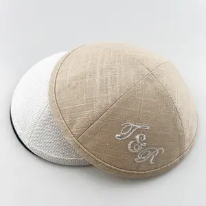 Venta al por mayor personalizado 3D bordado Logo algodón Kippot judío Yarmulke Kippah Kippot bordado Lino Kippah