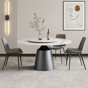 Table à manger rotative en acier inoxydable noir de 60 pouces pour 8 personnes, design minimaliste moderne, plateau en pierre frittée pour villa et appartement - Product Image 1