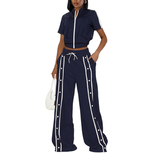 Navy Women Tracksuit 2 Piece Set Zip Up Short Sleeve Crop Top Button Side Wide Leg Pants - Product Image 1