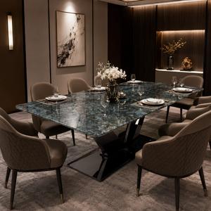 Table à manger personnalisée, plateau rectangulaire, style moderne, villa, 6 à 8 places, pieds en métal, meubles en pierre, luxe, granit bleu émeraude - Product Image 6