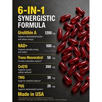 Complément alimentaire OEM ODM Urolithin A avec NAD+ liposomal et trans-resvératrol, formule 6-en-1 pour l'énergie cellulaire, capsules molles
