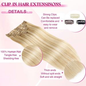 Extensions de cheveux humains vierges Remy 100% à clipser, cheveux européens, lisses, droits, qualité luxueuse, doux, brillants, sans perte de cheveux - Product Image 3