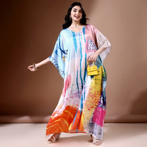 High Quality Designer Turkish Style <b>Kaftan</b> <b>Women</b> Polyester Handmade Batwing Sleeves V Neck Regular Fit Flared Hem Midi Eid - Product Image 1
