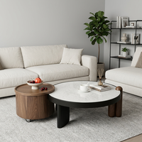 Table basse ronde moderne avec rangement, placage en bois de noyer, plateau en pierre frittée, meubles de salon