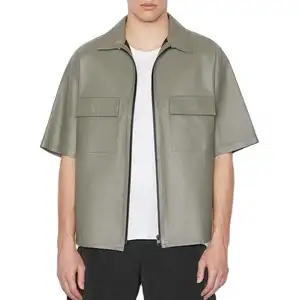 Рубашка мужская из искусственной кожи, модная блуза с короткими рукавами, двойными нагрудными карманами, на молнии, с вырезом на плечах, в стиле хип-хоп, большие размеры