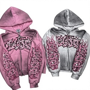 GENERSA SPORTS Sweat à capuche unisexe en molleton bouclette uni, coupe courte, zippé sur le devant, avec logo vintage, respirant, écologique, 350g, imprimé - Product Image 1