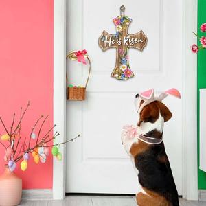Bricolage personnalisé il est ressuscité signe de croix religieuse de Pâques pour décor de porte d'entrée, cintre de porte en bois chrétien pour porche extérieur extérieur - Product Image 4
