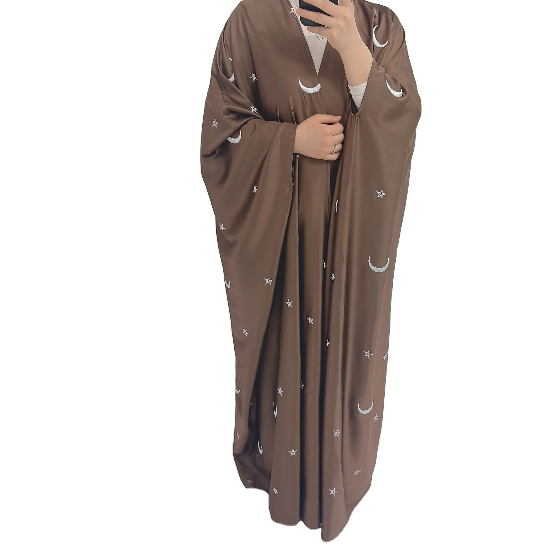 Mittlerer Osten Dubai arabischer Mond Stern bestickt Übergröße Satin offen Abaya Kleid Damen Ladies Kardigan Kleid