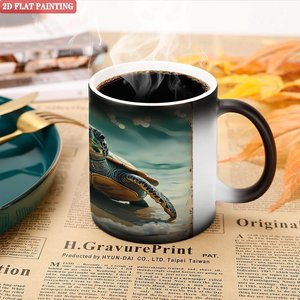 Mug en céramique noir givré 11 oz, tasse à sublimation changeant de couleur à la chaleur, motif tortue de mer, peinture 2D plate - Product Image 5