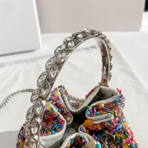 Colorful Rhinestones Bags 2023 Luxury Designer Handbags Ladies Purses Metal Handle Bucket Clutch Bags Evening Bags With Tassels