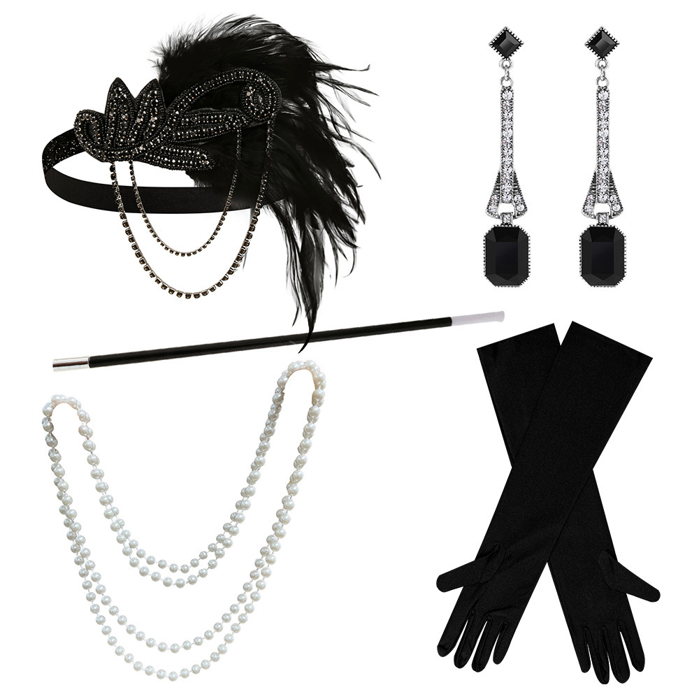 Black Headpiece Necklace Smoking Stick Black Gloves Earrings