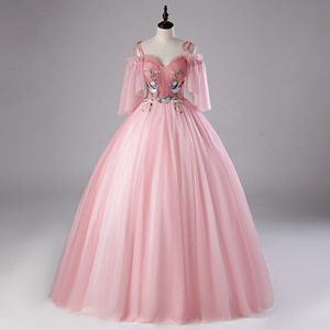 Pink Off The Shoulder Ball Gown Chiffon Prom Dress With Floral Embroidery Empire Waistline - Product Image 1