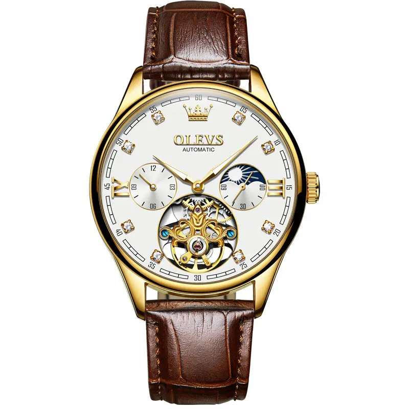 OLEVS jam tangan Mekanikal pria, jam tangan bisnis otomatis mewah tali kulit asli bulan bercahaya 3601