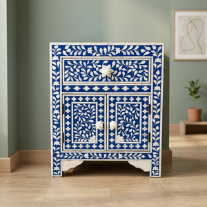 Table d'appoint bleue à motifs floraux avec tiroirs et portes pour chambre et salon - Product Image 1