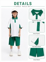 Ensemble uniforme scolaire formel en coton personnalisé avec logo pour enfants, col contrastant, panneau vert pour chemise et pantalon, vêtements de style preppy, OEM