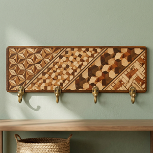 Handcrafted <b>Wooden</b> Rectangle Marquetry Key Rack Brass Hooks-Traditional Design Standing Living Room Storage Function Wholesale - Product Image 2