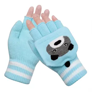 Sevimli Panda çocuk çocuklar karikatür jakarlı cabrio parmaksız eldiven eldivenler kış akrilik örme eldiven ile flap