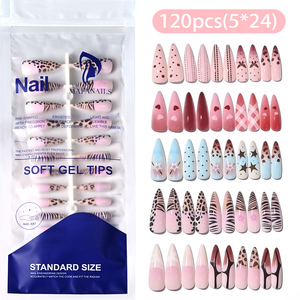 120 piezas de puntas de uñas de gel suave tipo stiletto cortas y lindas, puntas de extensión de uñas de cobertura completa con estampado de leopardo, uñas postizas francesas para salón. - Product Image 2