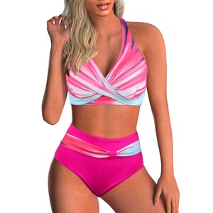 2024 Women's Strap High Waist Two-Piece Swimsuit <b>Set</b> Printed Bandeau <b>Bikinis</b> with Striped Pattern OEM Service Available - Product Image 5