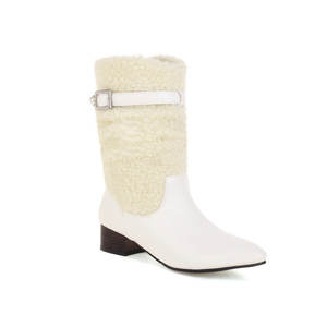 Customizable Large Size 35-48 White Fur-Lined Round Toe Chunky Heel <strong>Sherpa</strong> Faux Fur Ivory Blue Fuzzy Western <strong>Boots</strong> - Product Image 6