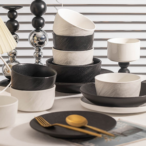 Ensemble de vaisselle en céramique à grain de pierre noire et blanche japonaise, <span class=keywords><strong>assiette</strong></span> et bol, pour la maison, l'hôtel, le restaurant, les fêtes, vaisselle en porcelaine pour steak, salade, dîner - Product Image 5