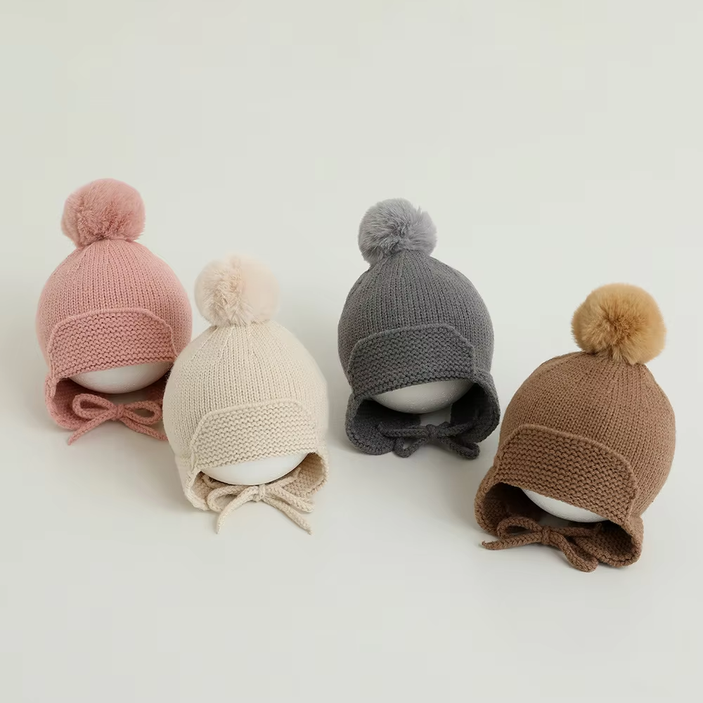 High Quality Simple Pure Color Baby Toddler Hats for Autumn Winter Boys and Girls New Windproof Ear protection Knitted Warm Hats