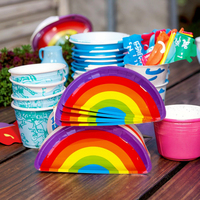 Assiettes jetables semi-circulaires arc-en-ciel en papier écologique pour la restauration, personnalisables avec logo pour événements festifs