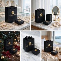 Ensemble élégant de sacs cadeaux et boîtes en papier noir personnalisés avec logo doré pour emballage de luxe, sac de shopping de qualité supérieure avec poignée découpée