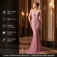 Ballkleid in Rosenrosa, stark perlenbesetzt, Fishtail-Abendkleid, geeignet für Bankettsäle, Rooftop-Partys, Red-Carpet-Events, Partykleid