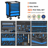 Établi en métal avec coffre à outils à 7 tiroirs avec revêtement en poudre supérieur en bois avec serrure à clé verrouillable et roues