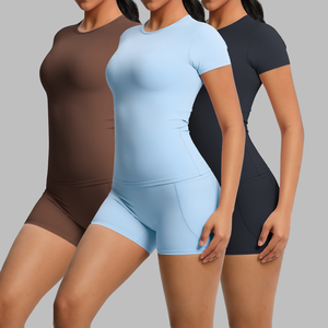 En stock femmes Yoga ensemble haut à manches courtes et short taille haute deux pièces Gym Workout Activewear - Product Image 1