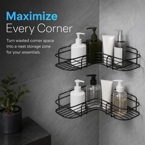 <span class=keywords><strong>Étagère</strong></span> murale adhésive sans perçage avec crochets, support d'angle en fer pour salle de bain, idéal pour produits de toilette et soins de la peau - Product Image 2