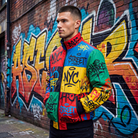 Veste matelassée décontractée et ample, style urbain, col montant en toile, respirante, colorée, motif graffiti, blocs de couleur, OEM ODM