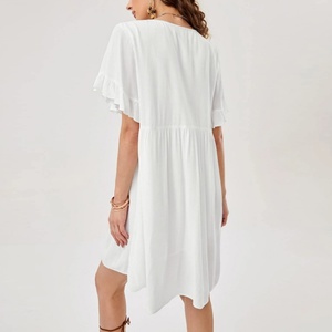 Vestido de Verano de Lino Personalizado OEM para Mujer, Vestido Casual Mini de Algodón y Chifón con Mangas de Mariposa y Hermoso Bordado Floral - Product Image 5