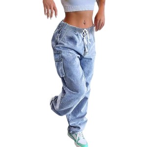 High Quality <strong>Women</strong> Casual Mid-Rise Workwear <strong>Jeans</strong> Stretch <strong>Waist</strong> Pockets Light Washed Loose Street Style Wide-Leg Denim Quick Dry - Product Image 1